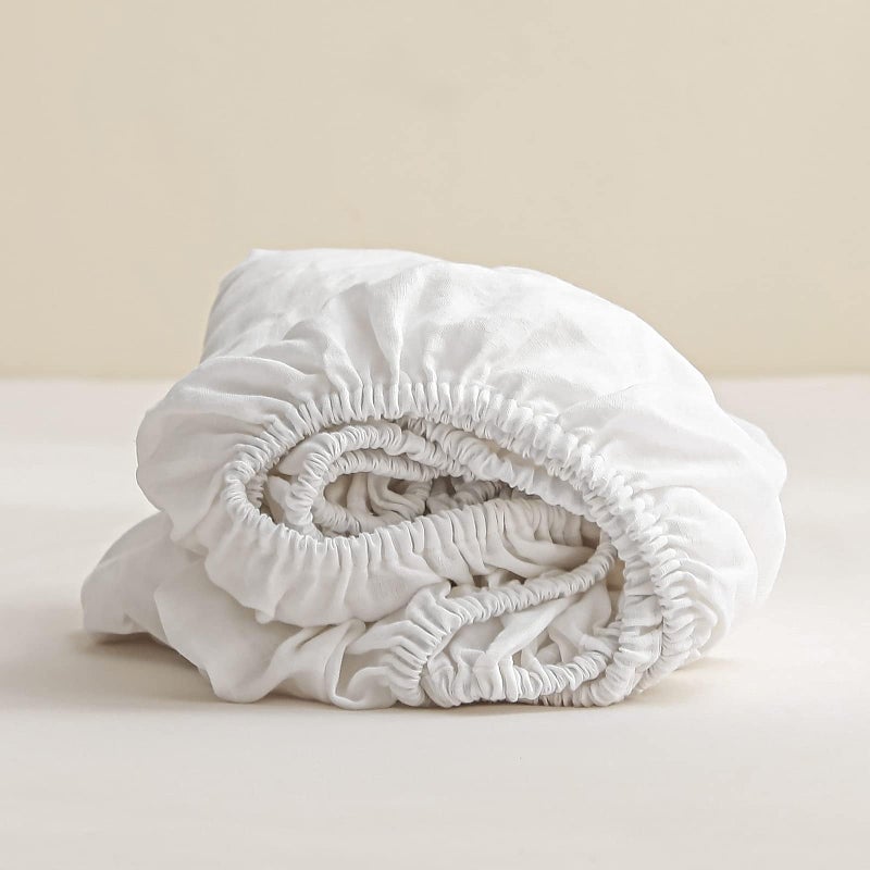 King Linens 100% Linen Fitted Sheet Stone Washed Solid Color - (1 Piece) 14 inch Deep Pocket Mattress Cover Soft Natural Breathable Farmhouse - White, Queen Size - Image 1